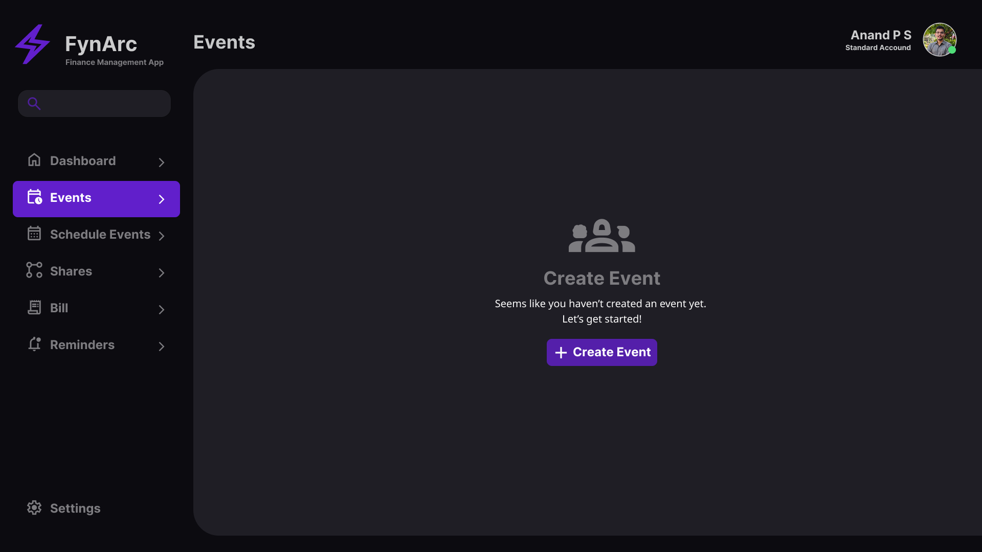 Empty-state screen for a newly created finance event