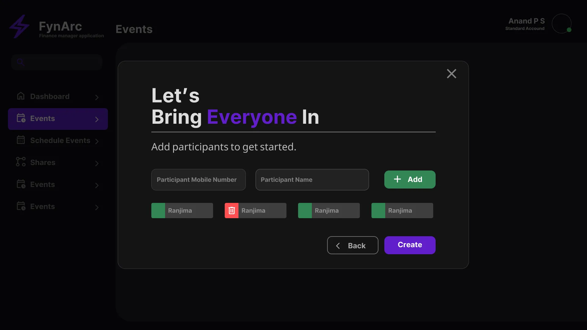 Participant onboarding screen in the finance management system