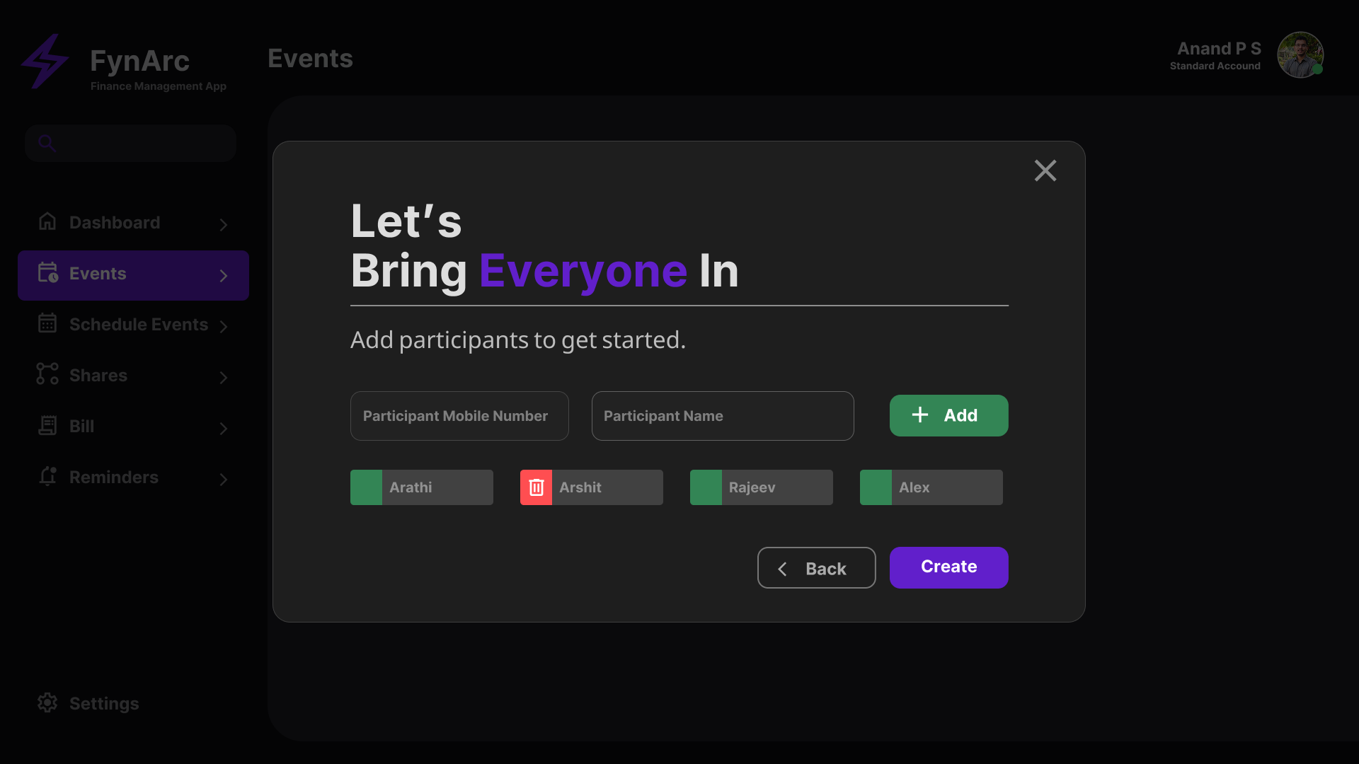 Participant onboarding screen in the finance management system