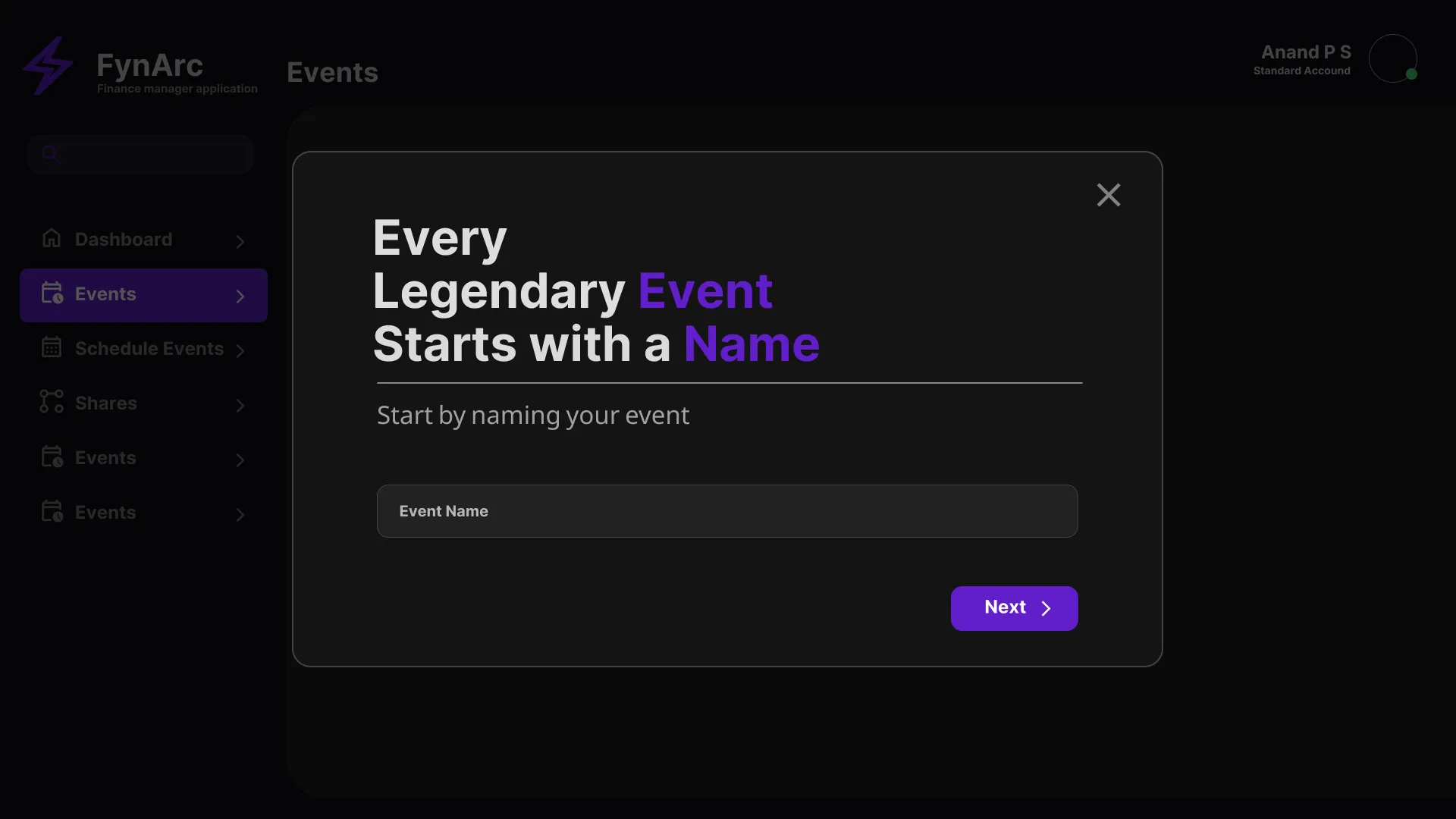 Event naming interface for shared finance tracking