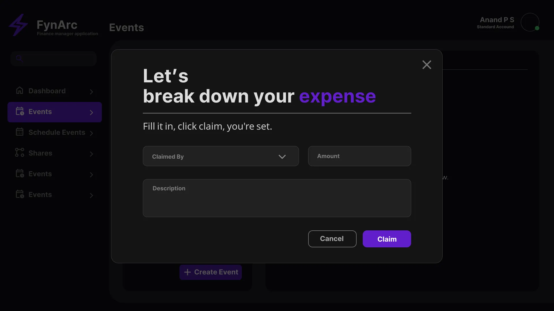 Expense claim workflow in the finance management system