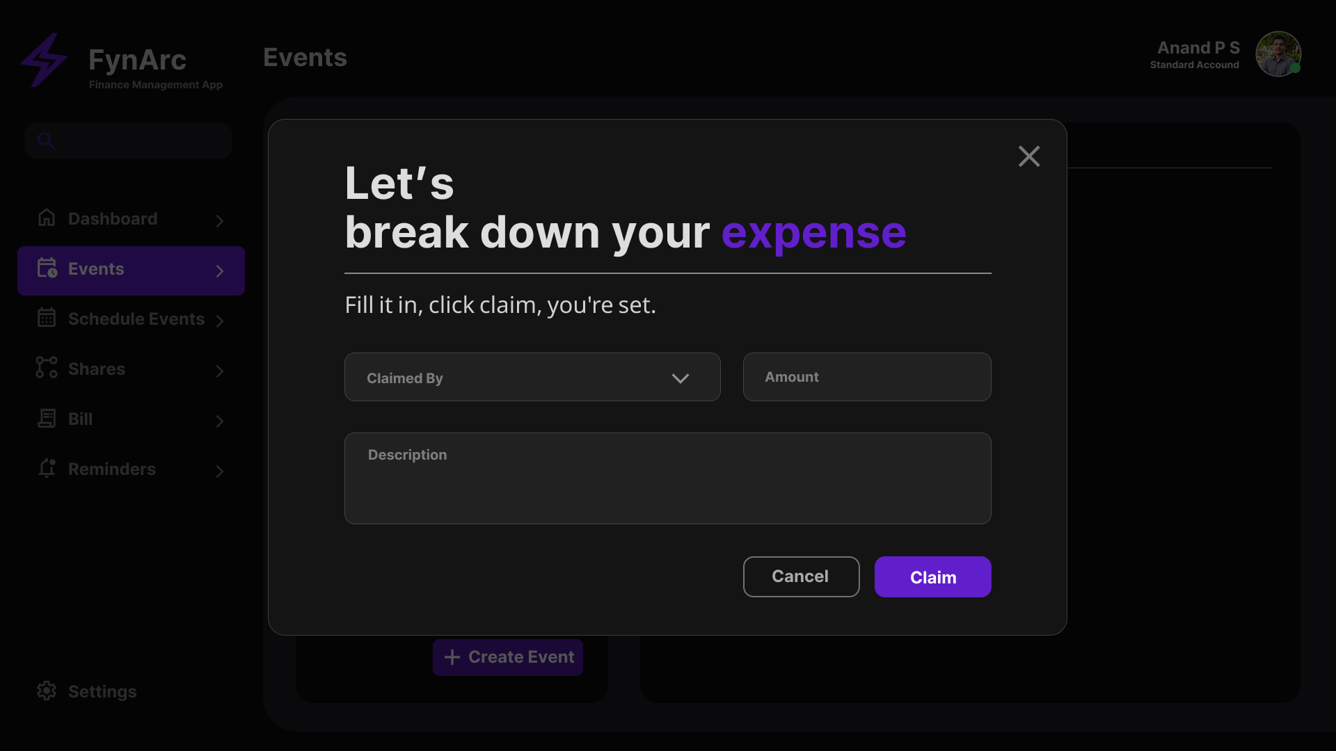 Expense claim workflow in the finance management system