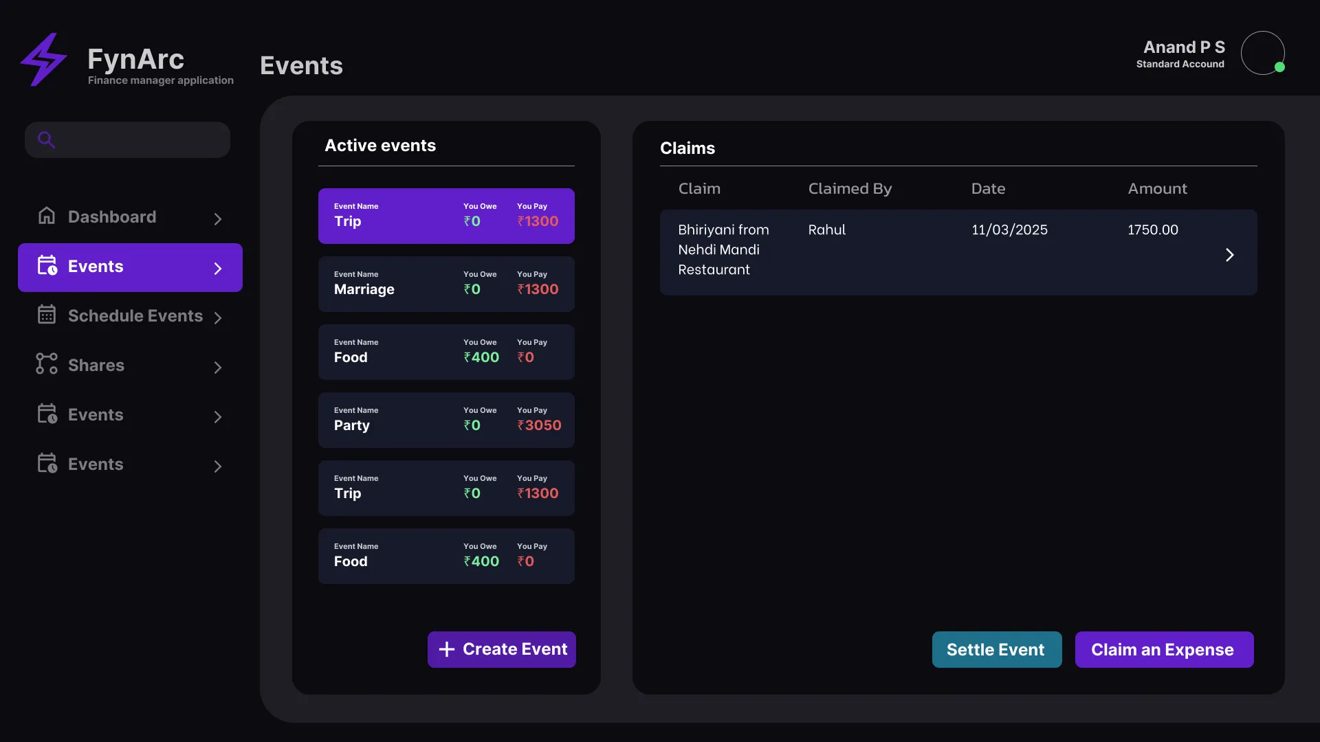 Expense event populated with financial transaction data