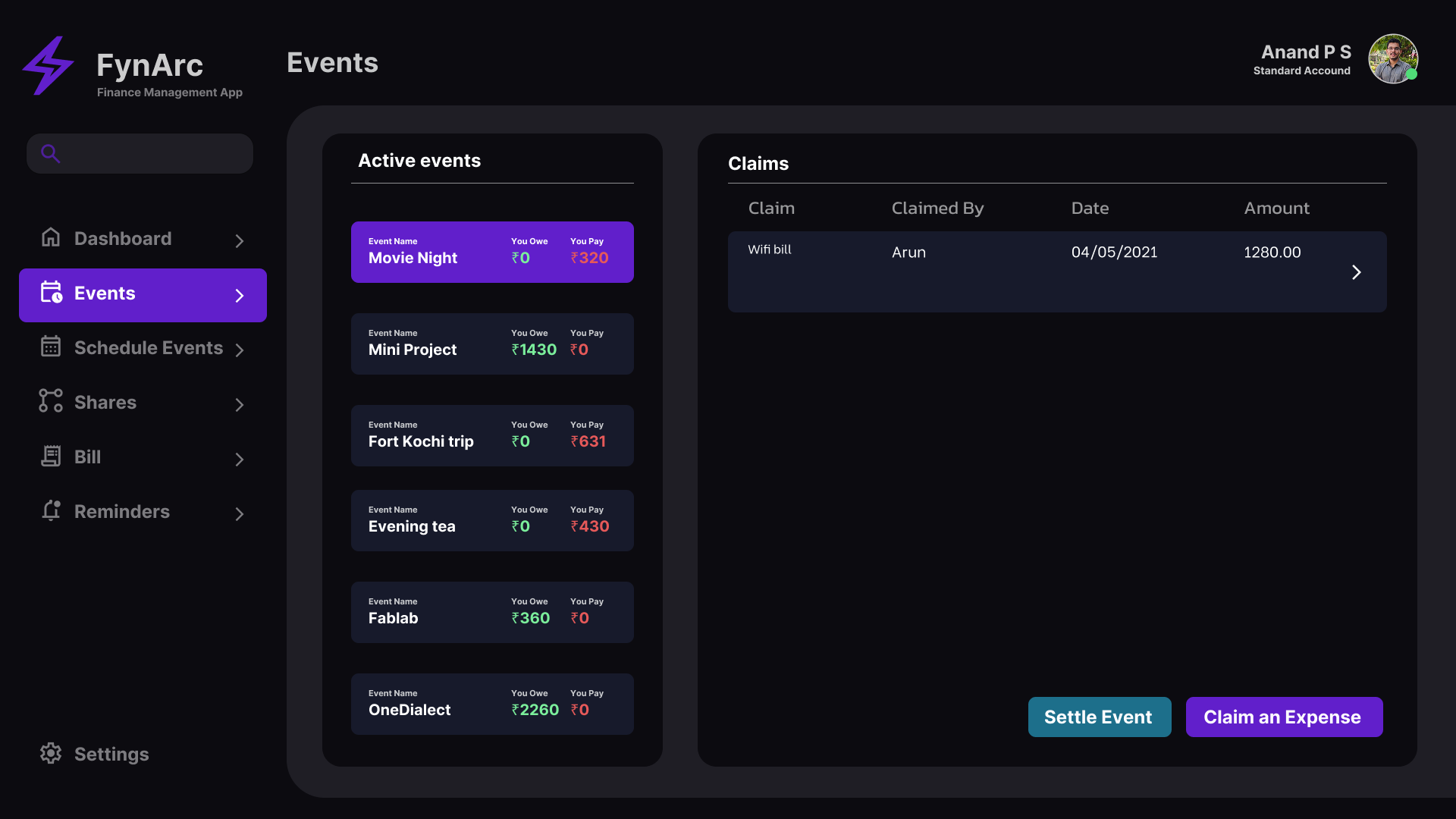 Expense event populated with financial transaction data