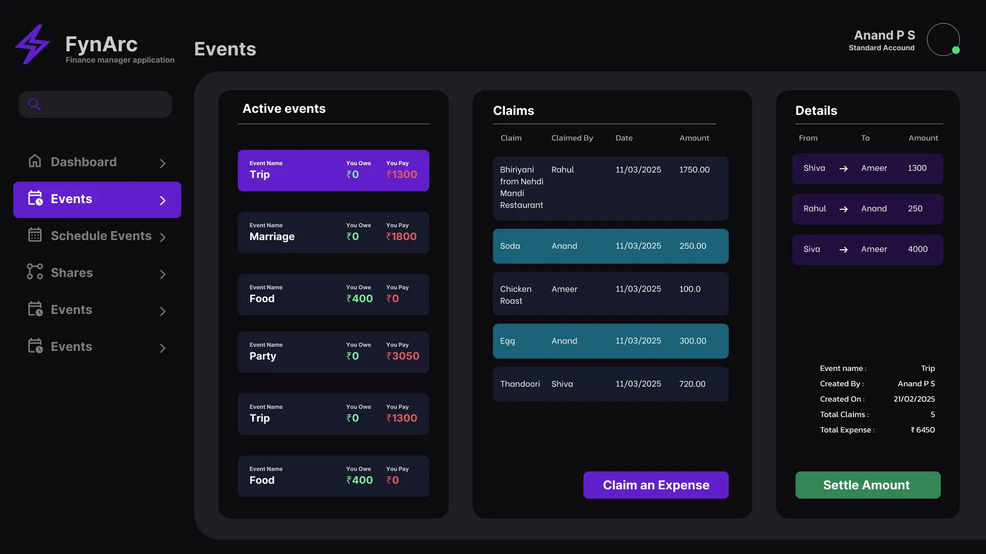 Overview screen showing grouped event balances and expense summaries