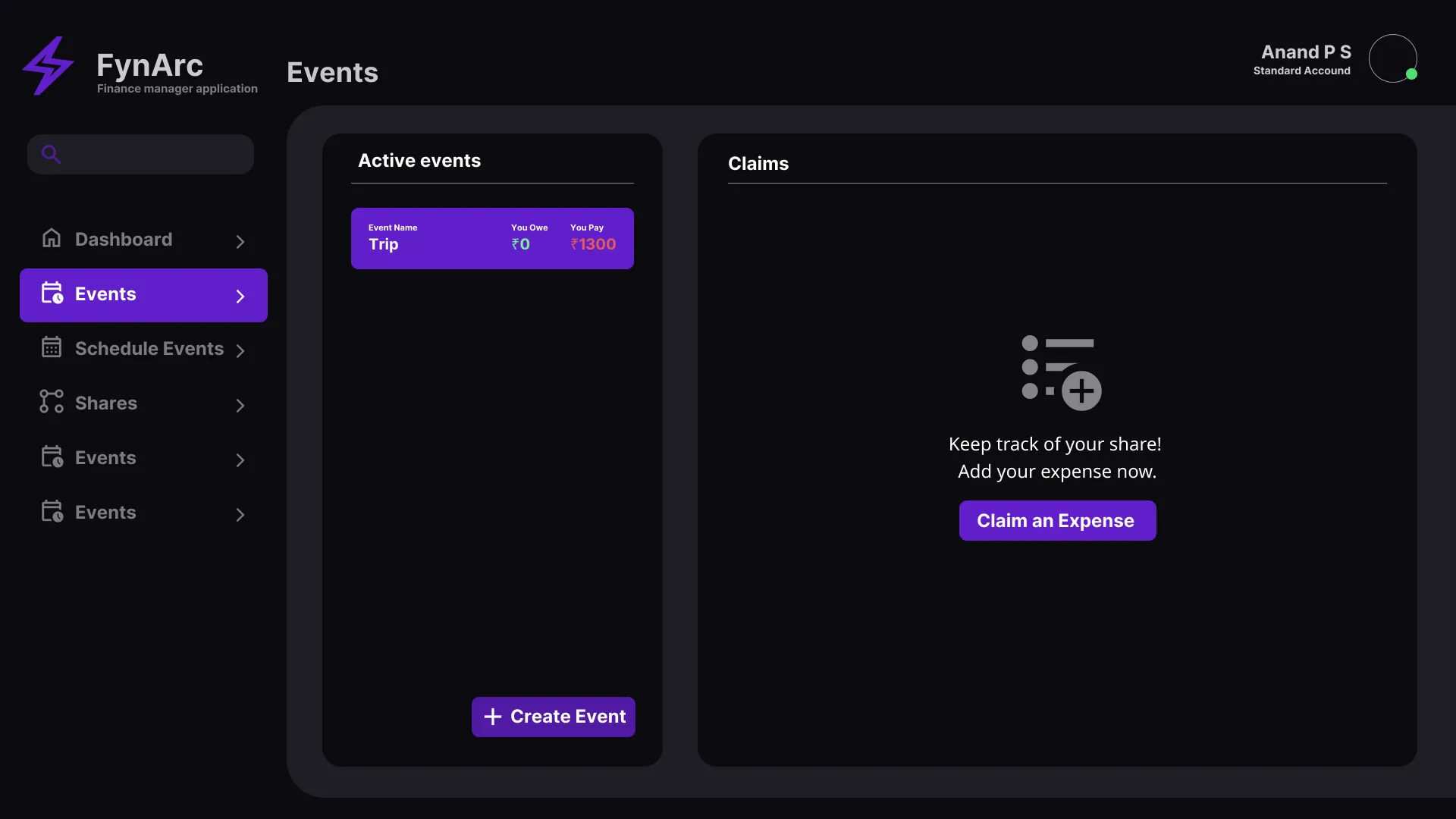 Empty-state screen for a newly created finance event