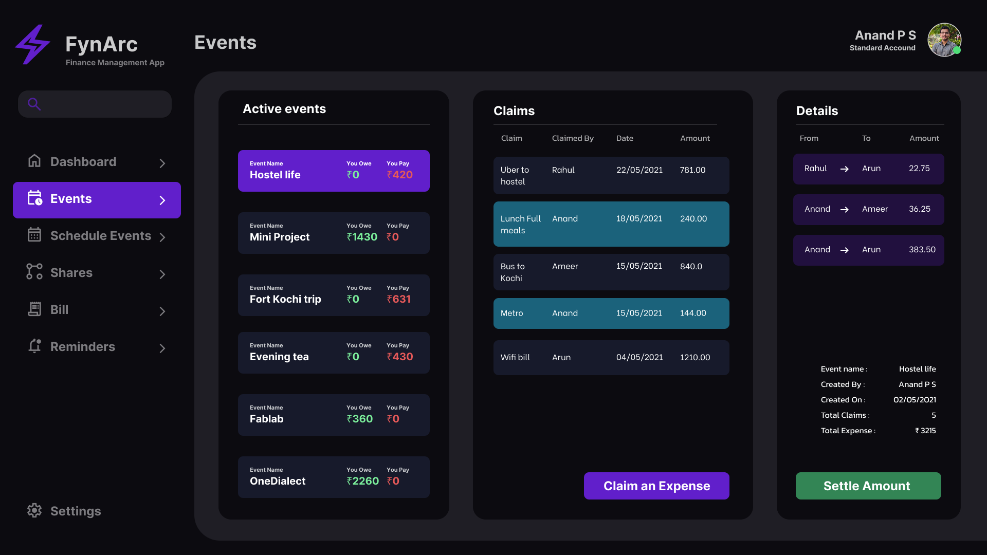 Detailed event view showing balances, participants, and expense data